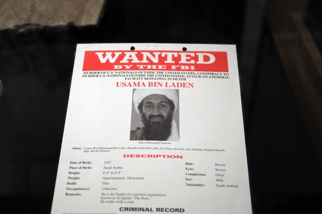 NEW YORK, NEW YORK - NOVEMBER 07: A poster and picture used to identify Osama Bin Laden is displayed at the new exhibition Revealed: The Hunt for Bin Laden at the 9/11 Memorial Museum on November 07, 2019 in New York City. The exhibition features declassified documents, testimony and objects to tell the story of the decade long hunt and capture of Osama Bin Laden, the terrorist mastermind behind the September 11 terror attacks. Opening to the public on November 15, Revealed: The Hunt for Bin Laden uses both digital and physical displays to show visitors the complexity of the search and eventual raid on Bin Ladens Pakistani compound that led to his death. Spencer Platt/Getty Images/AFP (Photo by SPENCER PLATT / GETTY IMAGES NORTH AMERICA / Getty Images via AFP)