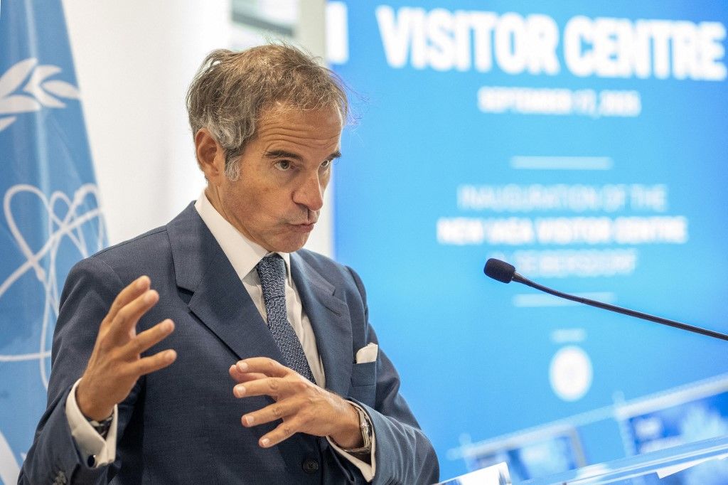 Rafael Grossi, Director General of the International Atomic Energy Agency (IAEA), delivers opening remarks during the inauguration of the IAEA Visitor Centre, at IAEAs Laboratories in Seibersdorf, outside Vienna, Austria on September 17, 2025. (Photo by Joe Klamar / AFP)