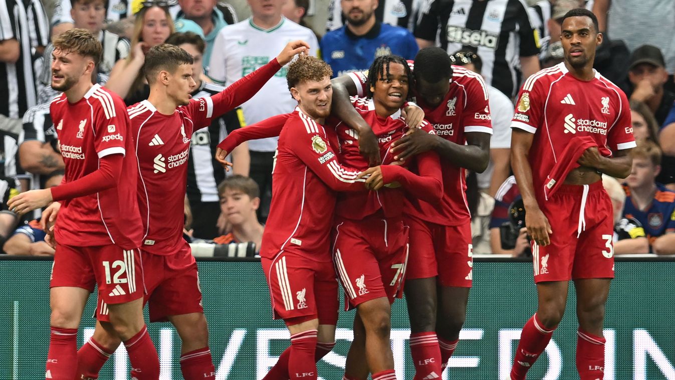 Rio Ngumoha
Liverpool's English striker #73 Rio Ngumoha (C) celebrates with teammates after scoring their third goal during the English Premier League football match between Newcastle United and Liverpool at St James' Park in Newcastle-upon-Tyne, north ea