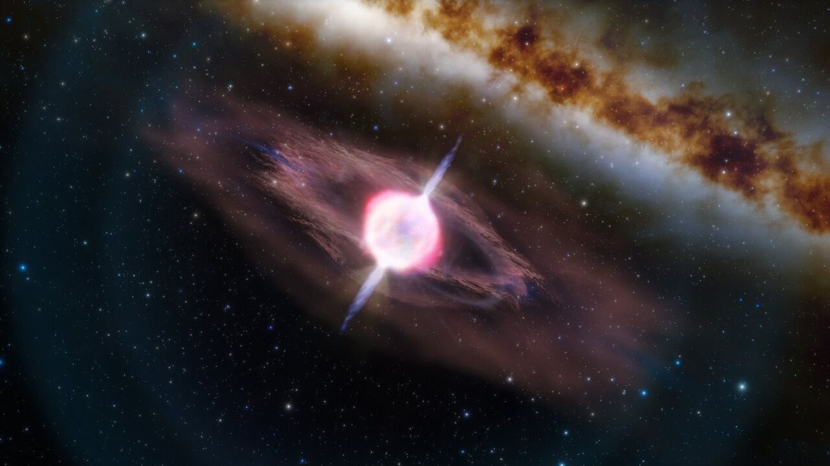 This illustration depicts a collapsing star that is producing two short gamma-ray jets. Just before a massive, collapsing star explodes as a supernova, we often observe a gamma-ray burst (a brief explosion of gamma-ray radiation) if the jets are pointed toward Earth. Most known supernova-produced gamma-ray bursts are “long” (lasting more than two seconds), but one called GRB 200826 was “short” (lasting just 0.6 second). Astronomers think this, and possibly other short supernova-produced gamma-ray bursts, appeared short because the jets of gamma rays aren’t strong enough to completely escape the star. This would produce jets that are shorter in both length and duration.