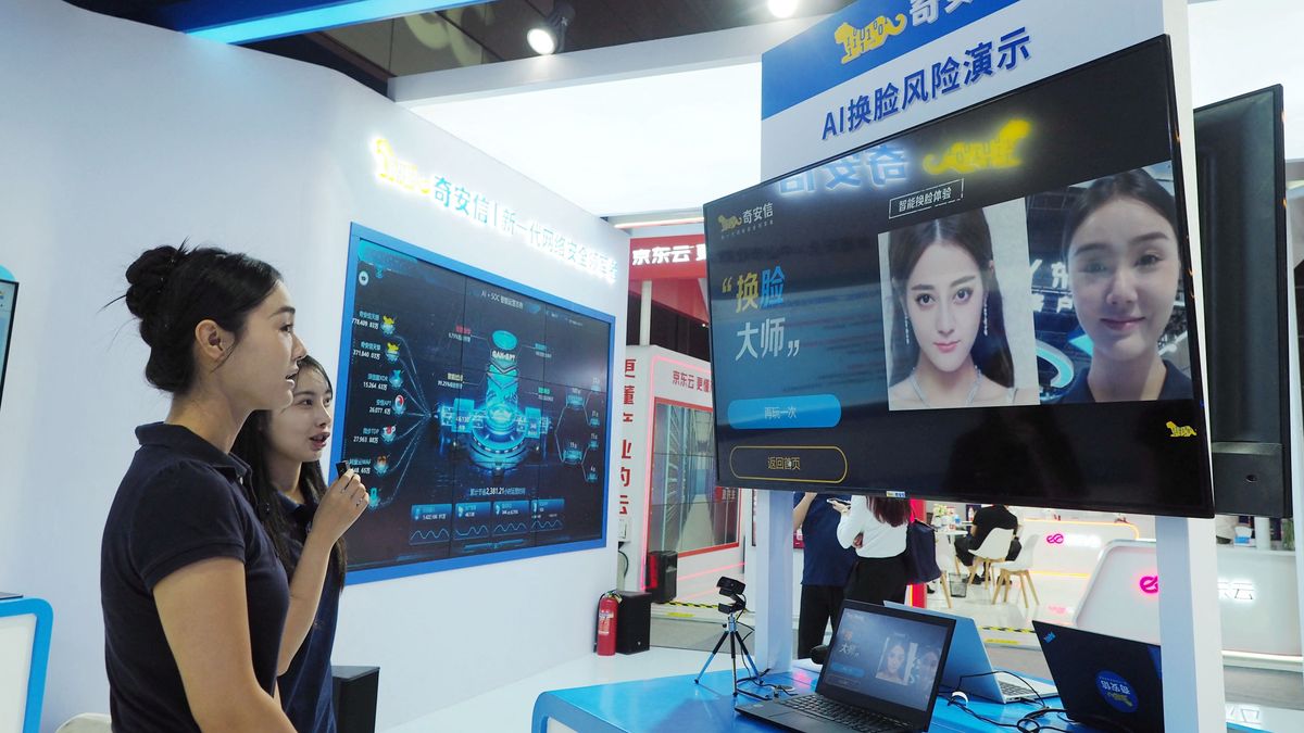 Visitors are experiencing the ''AI Face Swap Risk Demonstration'' at the Digital Economy Immersive Experience Zone at the 2024 Global Digital Economy Conference in Beijing, China, on July 2, 2024. (Photo by Costfoto/NurPhoto) (Photo by CFOTO / NurPhoto via AFP)