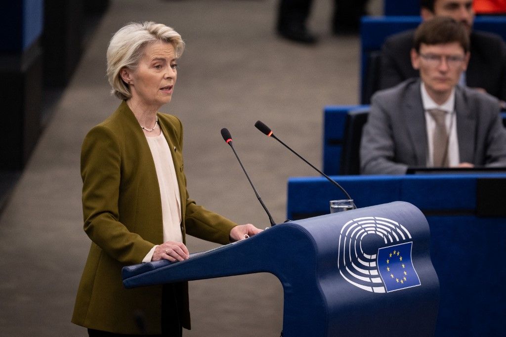 EU Commission President Ursula von der Leyen gives her annual State of the Union address during a plenary session at the European Parliament in Strasbourg, eastern France, on September 10, 2025. EU chief Ursula von der Leyen said on September 10 she would push to sanction "extremist" Israeli ministers and curb trade ties over Gaza, as she warned famine cannot be used as a "weapon of war". "What is happening in Gaza has shaken the conscience of the world. People killed while begging for food. Mothers holding lifeless babies. These images are simply catastrophic," von der Leyen said. "For the sake of the children, for the sake of humanity -- this must stop." (Photo by SEBASTIEN BOZON / AFP)