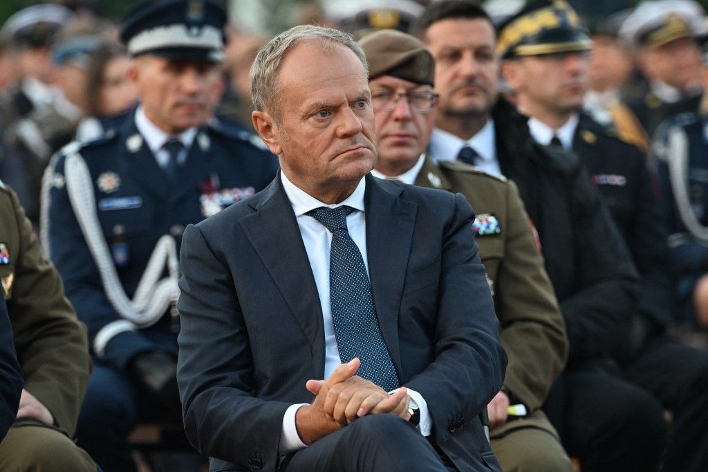 GDANSK, POLAND - SEPTEMBER 1: Polish Prime Minister Donald Tusk attends a ceremony marking the 86th anniversary of the start of World War II on the Westerplatte peninsula in Gdansk, Poland, on September 1, 2025. Artur Widak / Anadolu (Photo by Artur Widak / Anadolu via AFP)