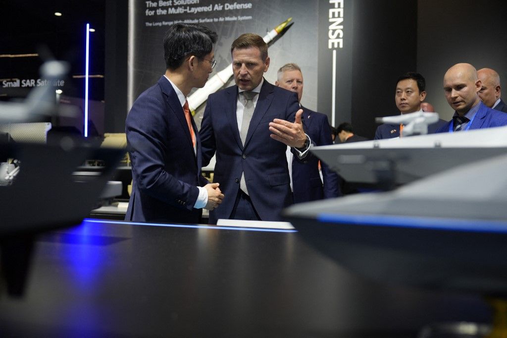 Estonian defense minister Hanno Pevkur visits the Kielce International Defense Industry Exhibition in Kielce, Poland on 03 September, 2025. (Photo by Jaap Arriens/NurPhoto) (Photo by Jaap Arriens / NurPhoto via AFP)