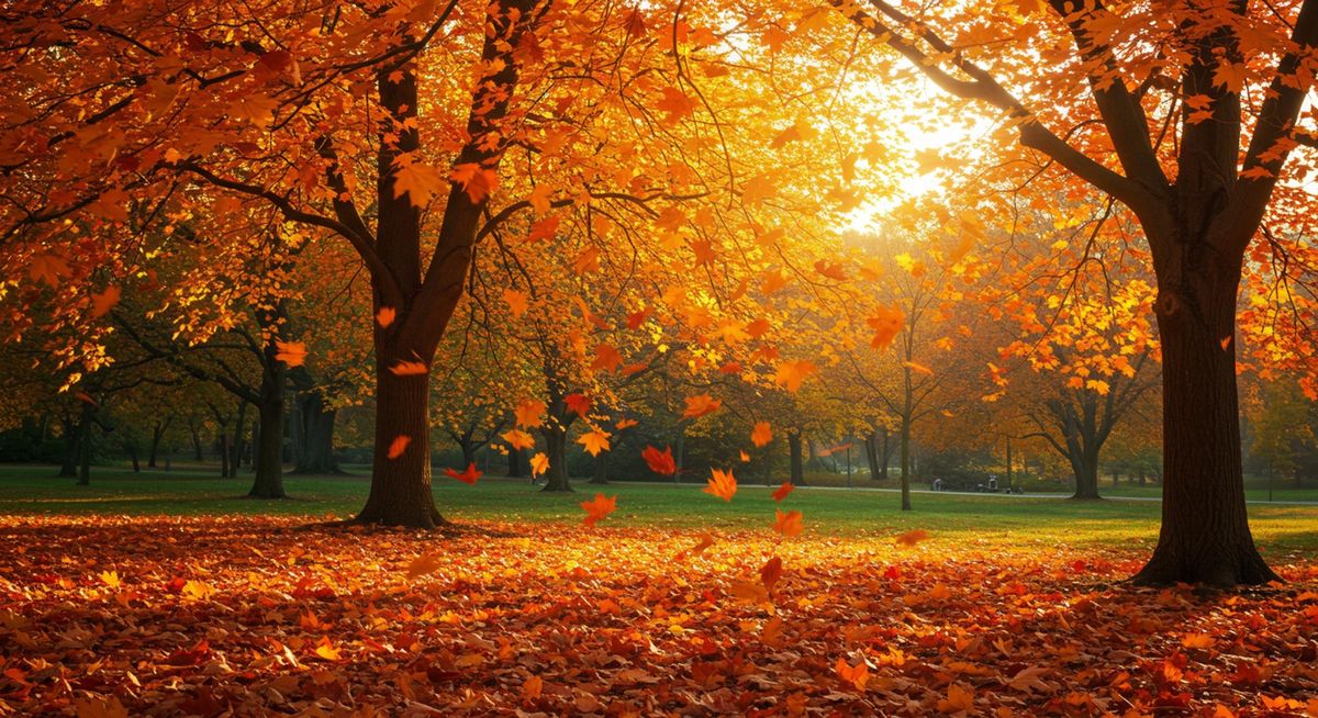 Golden autumn leaves fall in a sunny park, covering the ground with a vibrant carpet, creating a warm and inviting seasonal scene.