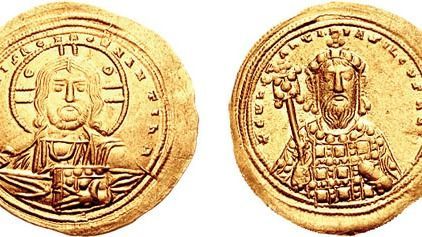 Bíborbanszületett Konstantin pénzérmén. forrás: Wikipedia