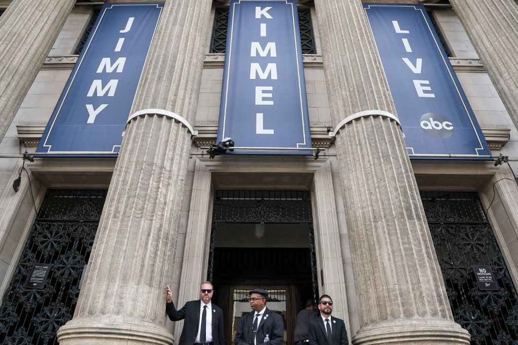 Security personnel stands at the entrance of El Capitan Entertainment Centre on Hollywood Boulevard, from where the Jimmy Kimmel Live! show is broadcast in Hollywood, California on September 17, 2025. Jimmy Kimmel's late-night television show has been taken off air "indefinitely" after the late-night host was criticized for comments about the motives behind the killing of Charlie Kirk, ABC said. 
"Jimmy Kimmel Live will be preempted indefinitely," an ABC spokesperson told AFP. (Photo by VALERIE MACON / AFP)