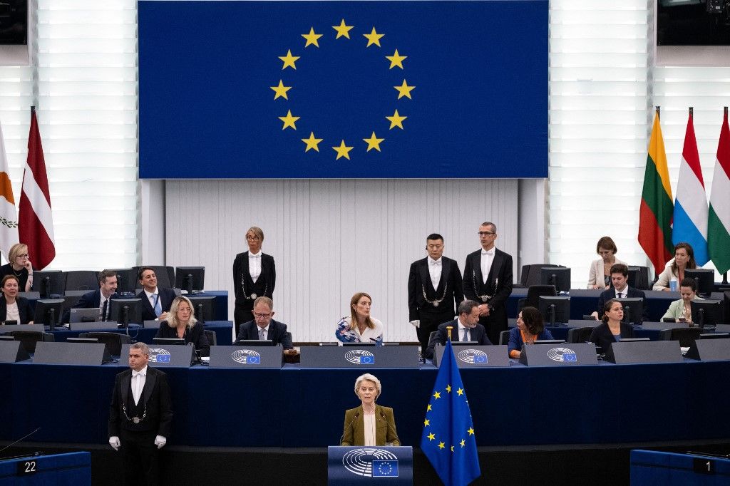EU Commission President Ursula von der Leyen gives her annual State of the Union address during a plenary session at the European Parliament in Strasbourg, eastern France, on September 10, 2025. EU chief Ursula von der Leyen said on September 10 she would push to sanction "extremist" Israeli ministers and curb trade ties over Gaza, as she warned famine cannot be used as a "weapon of war". "What is happening in Gaza has shaken the conscience of the world. People killed while begging for food. Mothers holding lifeless babies. These images are simply catastrophic," von der Leyen said. "For the sake of the children, for the sake of humanity -- this must stop." (Photo by SEBASTIEN BOZON / AFP)