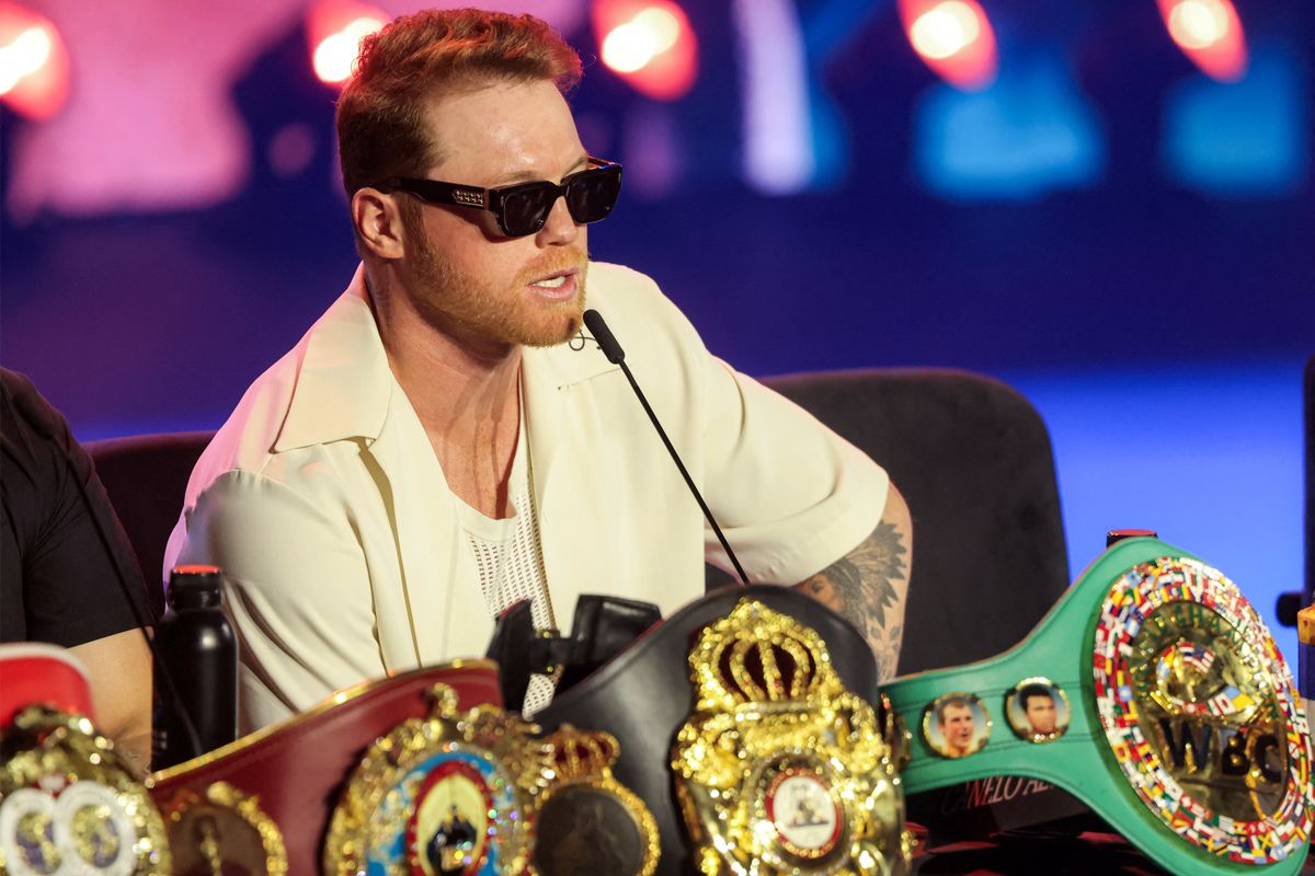Mexico's boxer Canelo Alvarez gives a press conference in Riyadh on June 20, 2025 ahead of his super-middleweight title fight against Terence Crawford. (Photo by Fayez NURELDINE / AFP)