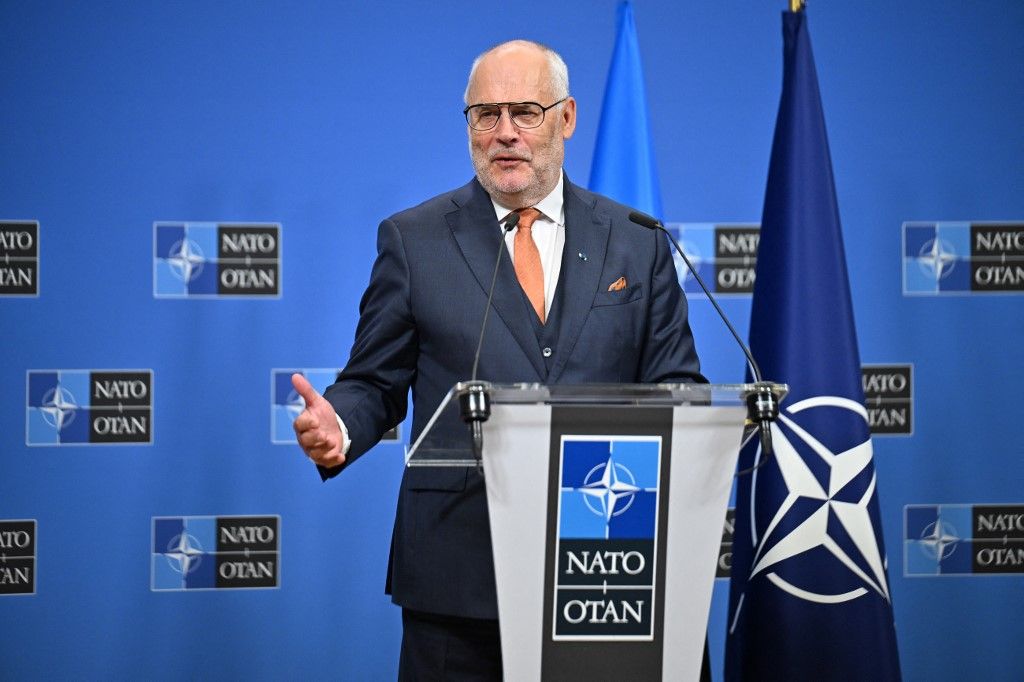 BRUSSELS, BELGIUM - SEPTEMBER 03: NATO Secretary General Mark Rutte (not seen) and Estonian President Alar Karis hold a joint press conference at the NATO headquarters in Brussels, Belgium on September 03, 2025. Dursun Aydemir / Anadolu (Photo by Dursun Aydemir / Anadolu via AFP)