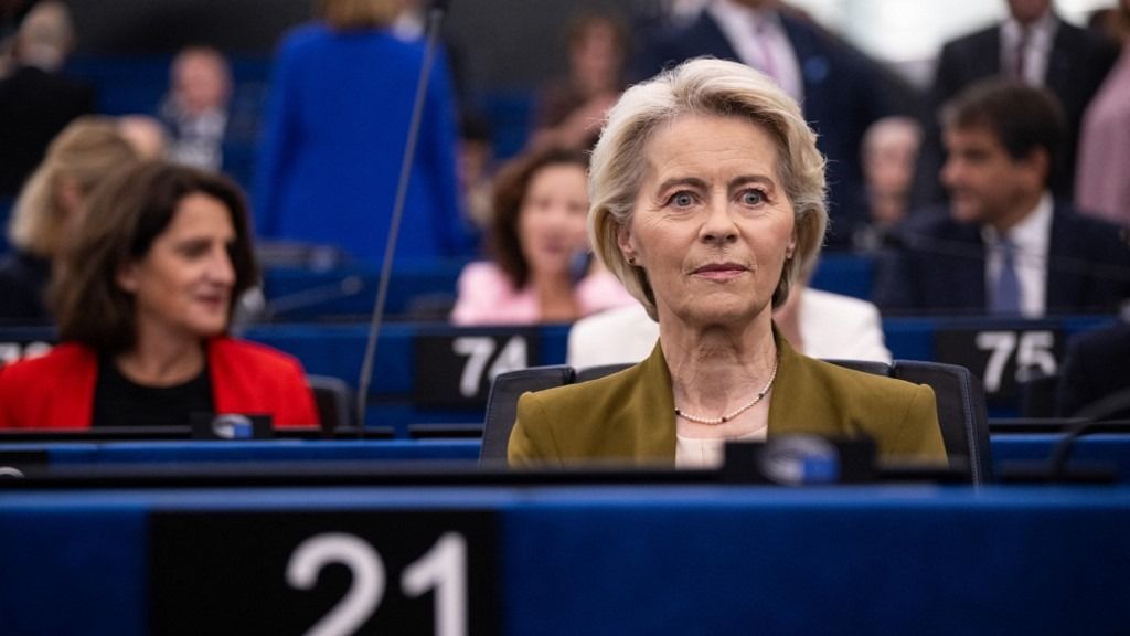 EU Commission President Ursula von der Leyen looks on ahead her annual State of the Union address during a plenary session at the European Parliament in Strasbourg, eastern France, on September 10, 2025. EU chief Ursula von der Leyen said on September 10 she would push to sanction "extremist" Israeli ministers and curb trade ties over Gaza, as she warned famine cannot be used as a "weapon of war". "What is happening in Gaza has shaken the conscience of the world. People killed while begging for food. Mothers holding lifeless babies. These images are simply catastrophic," von der Leyen said. "For the sake of the children, for the sake of humanity -- this must stop." (Photo by SEBASTIEN BOZON / AFP)
