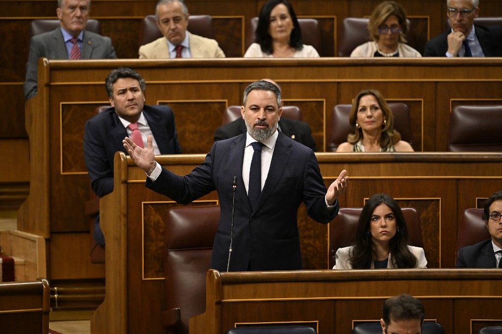 MADRID, SPAIN - JUNE 18: President of Vox Party Santiago Abascal delivers a speech during 'Questions to the Government' session at the Spanish Parliament's General Assembly in Madrid, Spain on June 18, 2025. Burak Akbulut / Anadolu (Photo by BURAK AKBULUT / Anadolu via AFP)