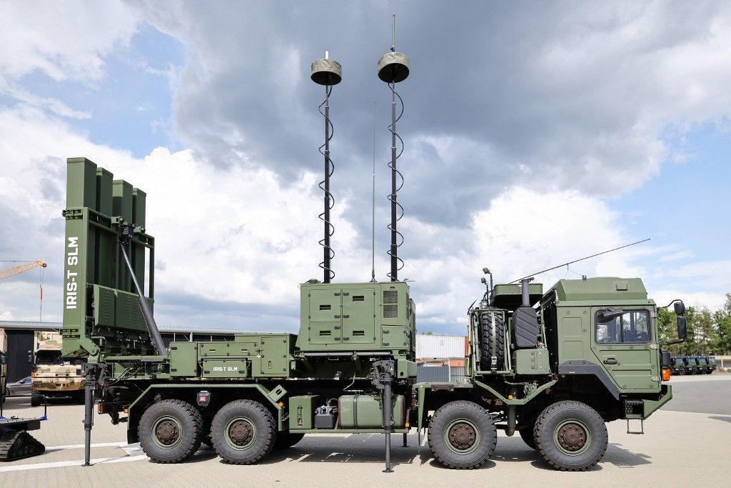25 July 2025, Bavaria, Röthenbach An Der Pegnitz: The IRIS-T SLM system can be seen during the visit of Federal Minister of Economics Reiche to the Diehl Defence site. Photo: Daniel Löb/dpa (Photo by Daniel Löb / dpa Picture-Alliance via AFP)