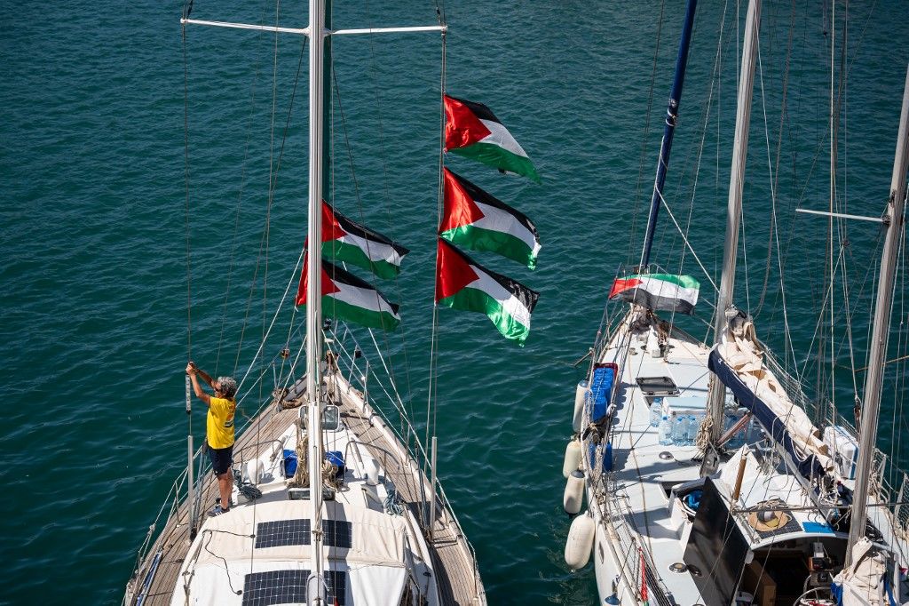 The ships of the Global Sumud Flotilla return to the Port of Barcelona due to adverse weather conditions in Barcelona, Spain, on September 1, 2025. Following a meeting, they resume sailing as soon as possible. (Photo by Marc Asensio/NurPhoto) (Photo by Marc Asensio / NurPhoto via AFP)