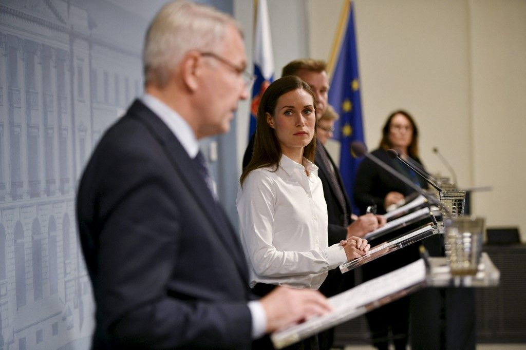 (L-R) Finnish Foreign Minister Pekka Haavisto, Finnish Prime Minister Sanna Marin, Finnish Defence Minister Antti Kaikkonen and Finnish Interior Minister Krista Mikkonen address a press conferance on current security issues concerning Nord Stream gas pipelines and restrictions on the issuing of visas to Russian citizens in Helsinki, Finland on September 28, 2022. The two Nord Stream gas pipelines linking Russia and Europe have been hit by unexplained leaks, Scandinavian authorities said on September 27, 2022, raising suspicions of sabotage. The pipelines have been at the centre of geopolitical tensions in recent months as Russia cut gas supplies to Europe in suspected retaliation against Western sanctions following its invasion of Ukraine. (Photo by Antti Yrjönen / Lehtikuva / AFP) / Finland OUT