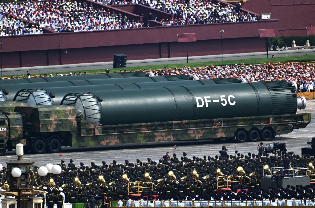 (250903) -- BEIJING, Sept. 3, 2025 (Xinhua) -- The nuclear missile formation attends a military parade in Beijing, capital of China, Sept. 3, 2025. China on Wednesday held a grand gathering to commemorate the 80th anniversary of the victory in the Chinese People's War of Resistance against Japanese Aggression and the World Anti-Fascist War. (Xinhua/Deng Hua) (Photo by Deng Hua / Xinhua via AFP)