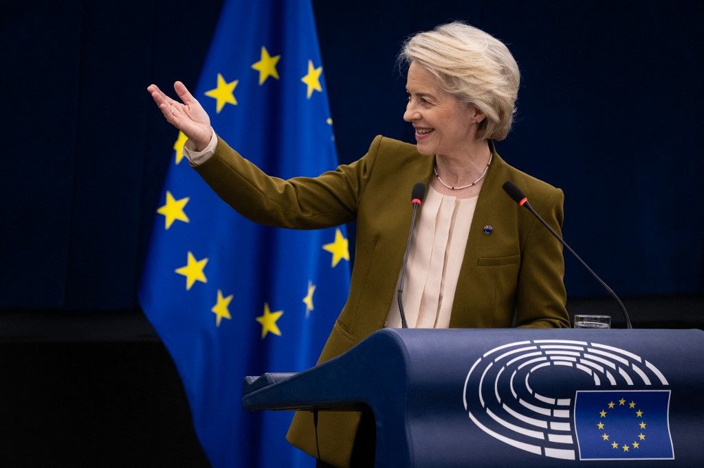 EU Commission President Ursula von der Leyen gives her annual State of the Union address during a plenary session at the European Parliament in Strasbourg, eastern France, on September 10, 2025. EU chief Ursula von der Leyen said on September 10 she would push to sanction "extremist" Israeli ministers and curb trade ties over Gaza, as she warned famine cannot be used as a "weapon of war". "What is happening in Gaza has shaken the conscience of the world. People killed while begging for food. Mothers holding lifeless babies. These images are simply catastrophic," von der Leyen said. "For the sake of the children, for the sake of humanity -- this must stop." (Photo by SEBASTIEN BOZON / AFP)
