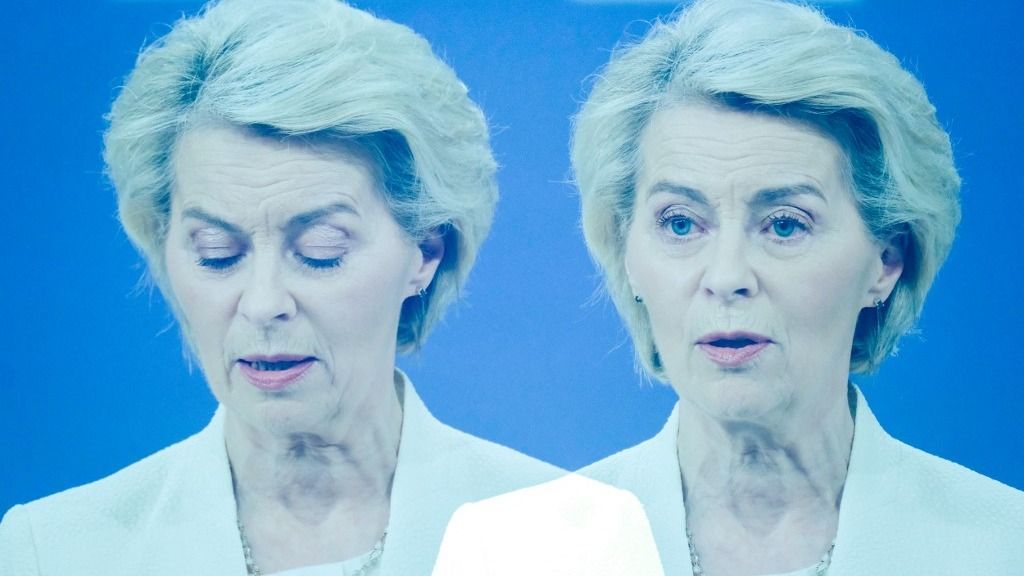Európai Bizottság, Press conference by President of the European Commission URSULA VON DER LEYEN on the Multiannual Financial Framework (MFF) for 2028-2034 (next long-term EU budget) in the Berlaymont the headquarters of the European Commission an institution of the European Union in Brussels in Belgium on 16th of July 2025. (Photo by Martin Bertrand / Hans Lucas via AFP)