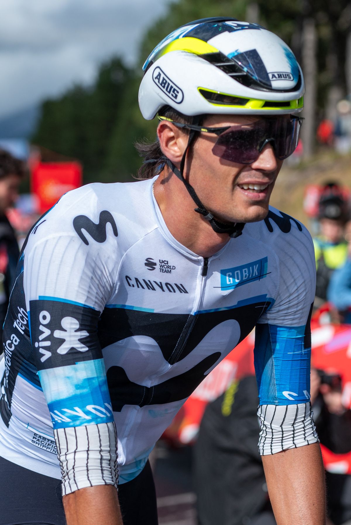 Javier Romo from Spain of the Movistar Team participates in stage 6 of La Vuelta 2025, which connects Olot in Girona and Pal in Andorra, on August 28, 2025. (Photo by Martin Silva Cosentino/NurPhoto) (Photo by Martin Silva Cosentino / NurPhoto via AFP)