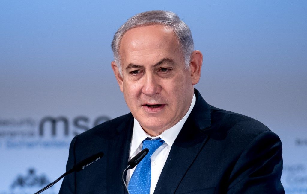 Israeli Prime Minister Benjamin Netanjahu delivers a speech  during the 54th Munich Security Conference in Munich, Germany, 18 February 2018. More than 500 guests are  attending the three day conference, among those are head of states and head of governments. Photo: Sven Hoppe/dpa (Photo by SVEN HOPPE / dpa Picture-Alliance via AFP)