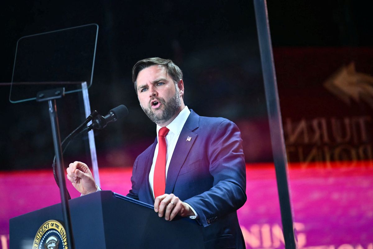 US Vice President JD Vance speaks at the public memorial service for right-wing activist Charlie Kirk at State Farm Stadium in Glendale, Arizona, on September 21, 2025. (Photo by Mandel NGAN / AFP)