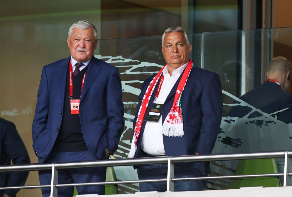 Prime Minister of Hungary Victor Orban and Hungarian football President Sandor Csanyi look on before the 2026 World Cup Group F qualifier football match between Republic of Ireland and Hungary, at Aviva Stadium, in Dublin, on September 6, 2025. (Photo by 