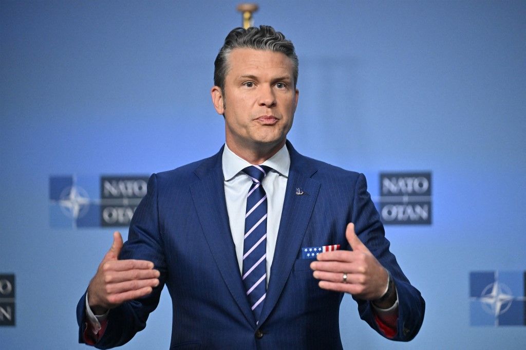 BRUSSELS, BELGIUM - OCTOBER 15: US Defense Secretary Pete Hegseth makes a joint statement with NATO Secretary-General Mark Rutte (not seen) ahead of the NATO Defense Ministers Meeting at the alliance headquarters in Brussels, Belgium, on October 15, 2025. Dursun Aydemir / Anadolu (Photo by Dursun Aydemir / Anadolu via AFP)
