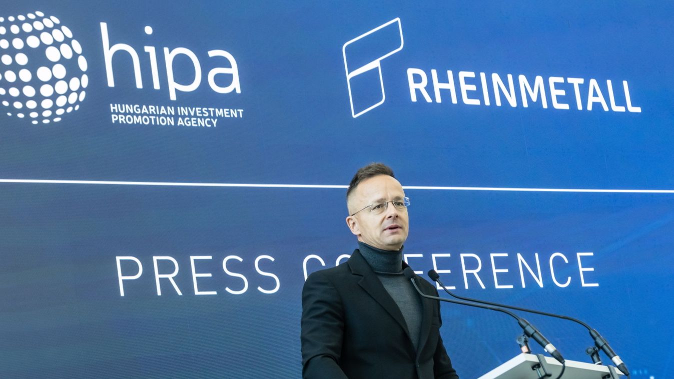 Szijjártó Péter külgazdasági és külügyminiszter beszédet mond a Rheinmetall Hungary Zrt. új beruházásának bejelentésén Zalaegerszegen 2025.október 3-án. A Rheinmetall modern védelmi ipari fejlesztési és mérnöki központot létesít Zalaegerszegen nagyjából 3