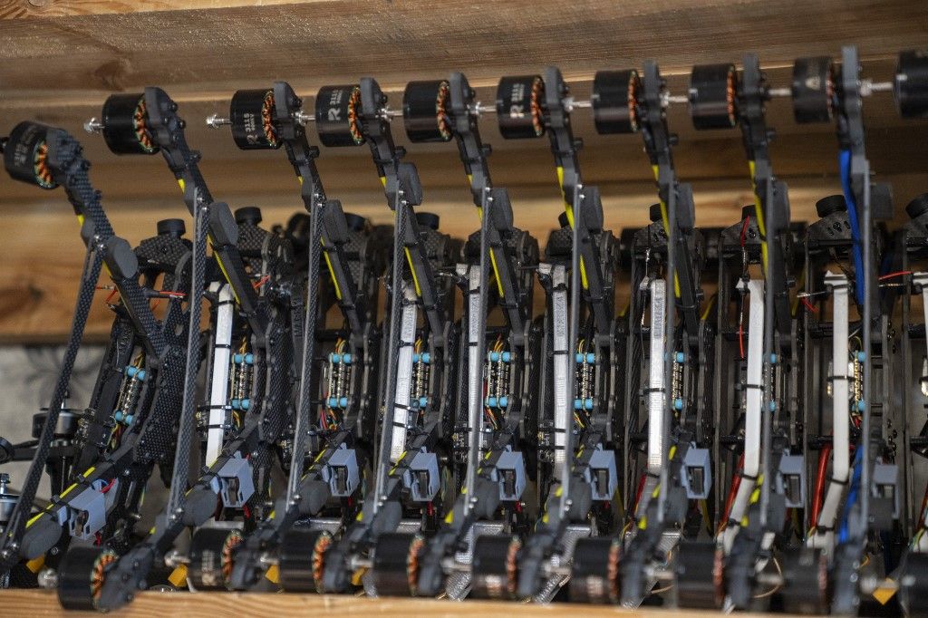 DONETSK OBLAST, UKRAINE, MAY 14, 2025: Ukrainian military personnel work at an FPV drone assembly center in Donetsk Oblast, Ukraine, May 14, 2025. Jose Colon / Anadolu (Photo by JOSE COLON / Anadolu via AFP)