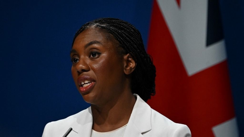 Britain's main opposition Conservative Party leader Kemi Badenoch delivers a welcome speech on the first day of the annual Conservative Party conference in Manchester, north-west England, on October 5, 2025.  (Photo by Paul ELLIS / AFP)