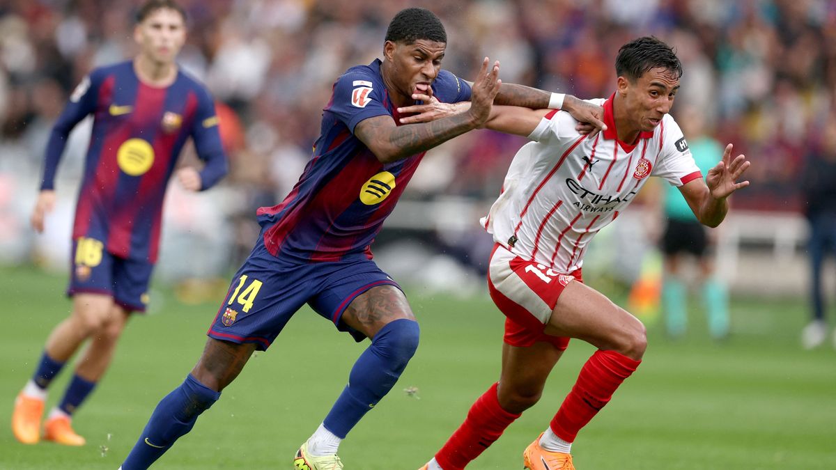 A Barcelona angol csatárának Marcus Rashfordnak nem volt könnyű dolga a lelkesen játszó gironai védők ellen.