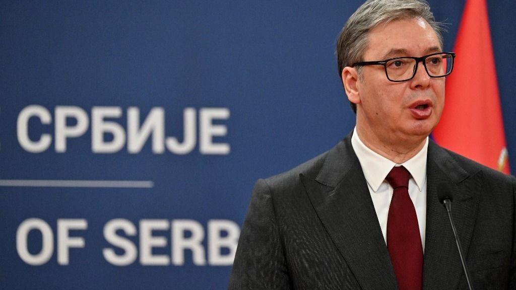 Serbia's President Aleksandar Vucic attends a joint press conference with President of the European Commission after their meeting in Belgrade on October 15, 2025. (Photo by Andrej ISAKOVIC / AFP)
