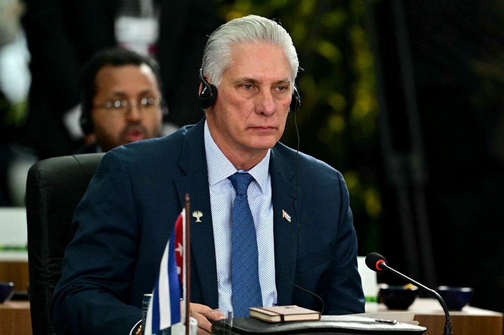 Cuba's President Miguel Diaz-Canel attends the BRICS summit second plenary session in Rio de Janeiro, Brazil, on July 6, 2025. BRICS leaders descended on sunny Rio de Janeiro, but issued a dark warning that US President Donald Trump's "indiscriminate" import tariffs risk hurting the global economy, warning they are illegal and arbitrary, according to a final summit statement. (Photo by Pablo PORCIUNCULA / AFP)
