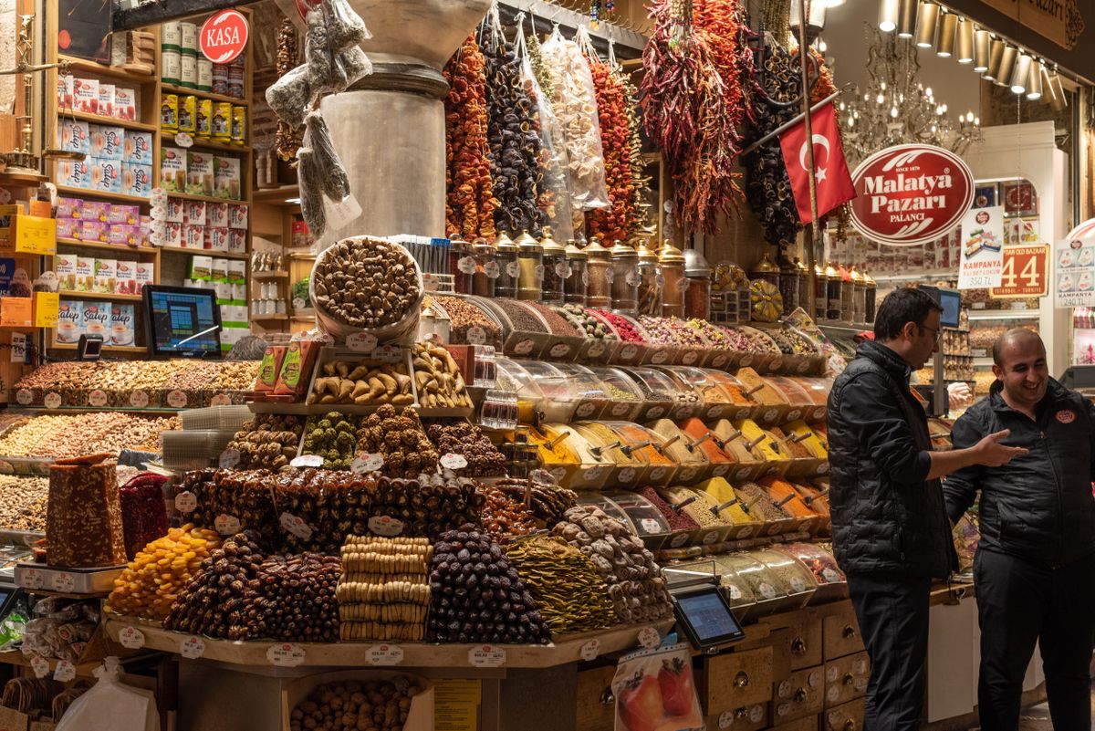 ISTANBUL, TURKEY - 2025/01/08: Dried fruit and spice for sale inside the Istanbul Spice Bazaar. The Spice Bazaar otherwise known as the Egyptian Bazaar is one of the largest historical covered markets in Istanbul, second only to the famous Grand Bazaar. (Photo by John Wreford/SOPA Images/LightRocket via Getty Images)