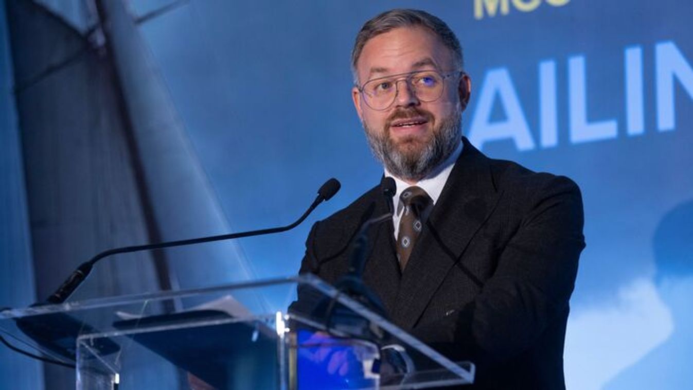 Balazs Orban, chairman of the board of trustees of the Mathias Corvinus Collegium (MCC) and PM Orban's director, delivers a welcome address at the MCC Leadership Academy’s conference titled Sailing in Storm at the MCC Center in Budapest on October 21, 202