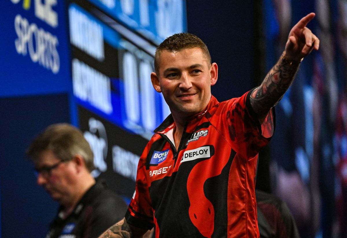 October 6, 2025, Leicester, Leicestershire, England: 6th October 2025; Mattioli Arena, Leicester Leicestershire, England; 2025 PDC Boyle Sports World Grand Prix Darts Night One; Nathan Aspinall celebrates hitting a &quot;big fish&quot; 170 checkout in his first round match against Luke Humphries (Credit Image: © Godfrey Pitt/Action Plus Sports via ZUMA Press Wire)