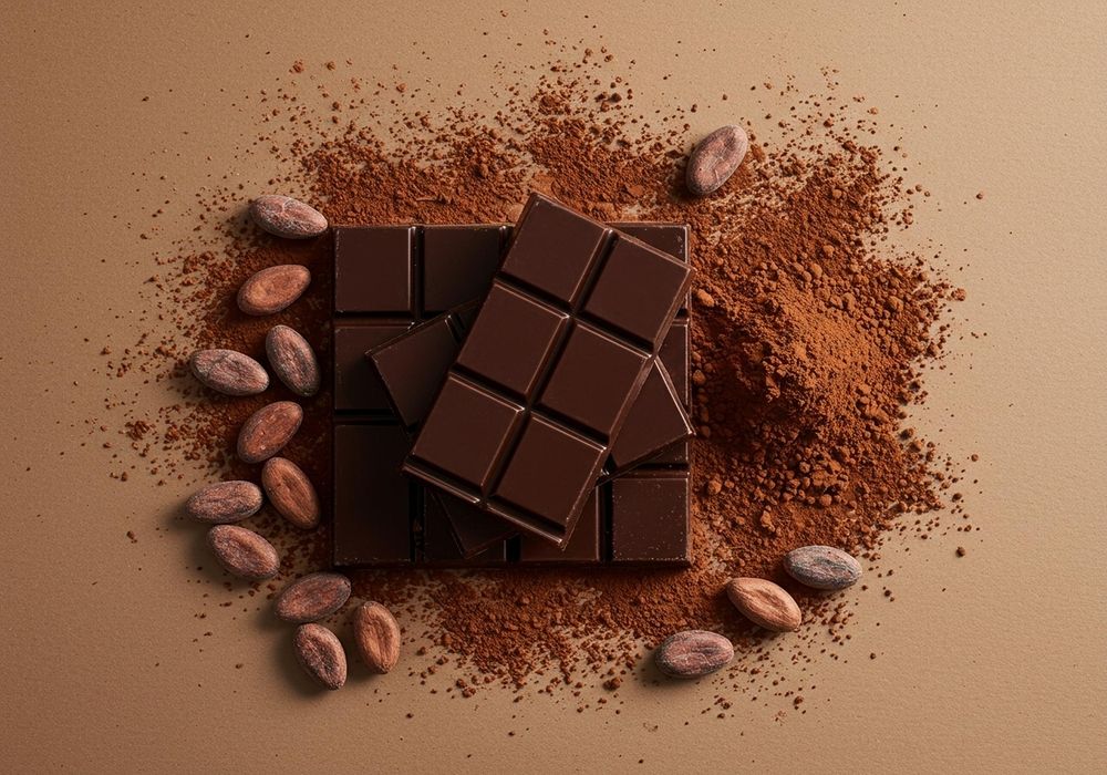 Artfully arranged dark chocolate bar with cocoa beans and powder on brown surface, top-down view capturing indulgence and natural ingredients.