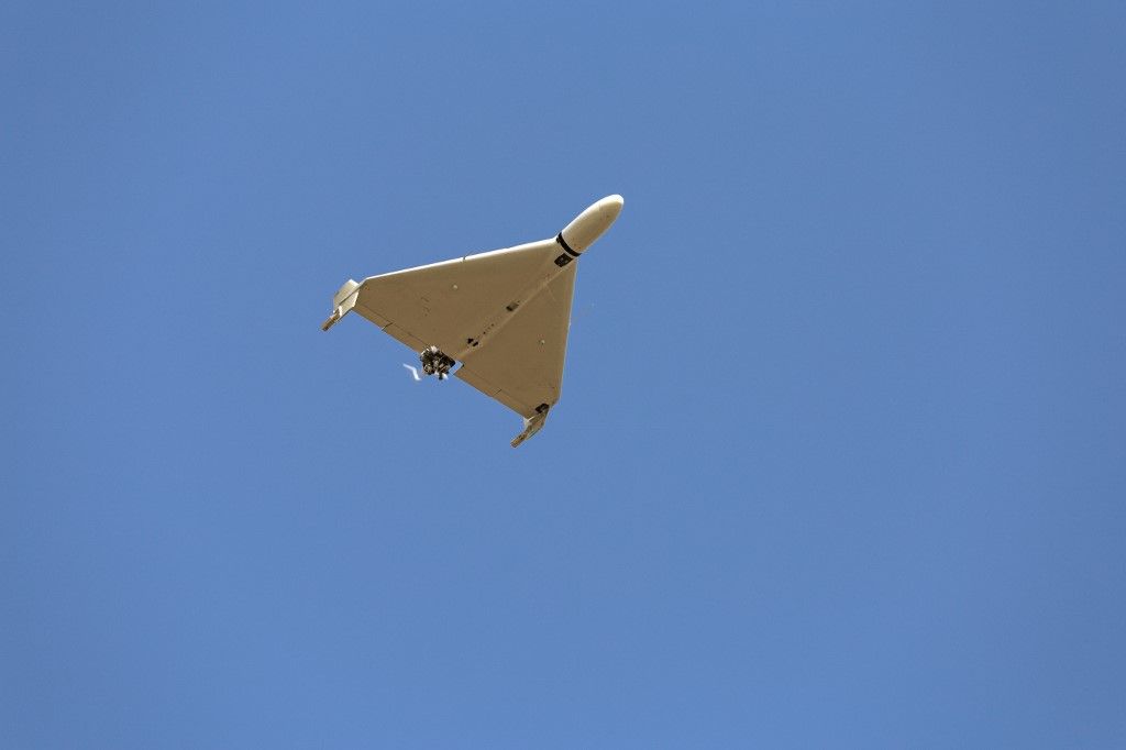Iranian-made Shahed-136 Kamikaze drone flies over the sky of Kermanshah, Iran on March 7, 2024.
Iran fired over 100 drones and ballistic missiles on Saturday, April 13, 2024, in retaliation to an attack on a building attached to the country's consular annex in Damascus that killed the guards, and two generals of the Quds Force of Iran's Islamic Revolutionary Guard Corps (IRGC) on April 01, 2024. Iran has blamed Israel for the attack on April 5, 2024 in Tehran. (Photo by Anonymous / Middle East Images via AFP)