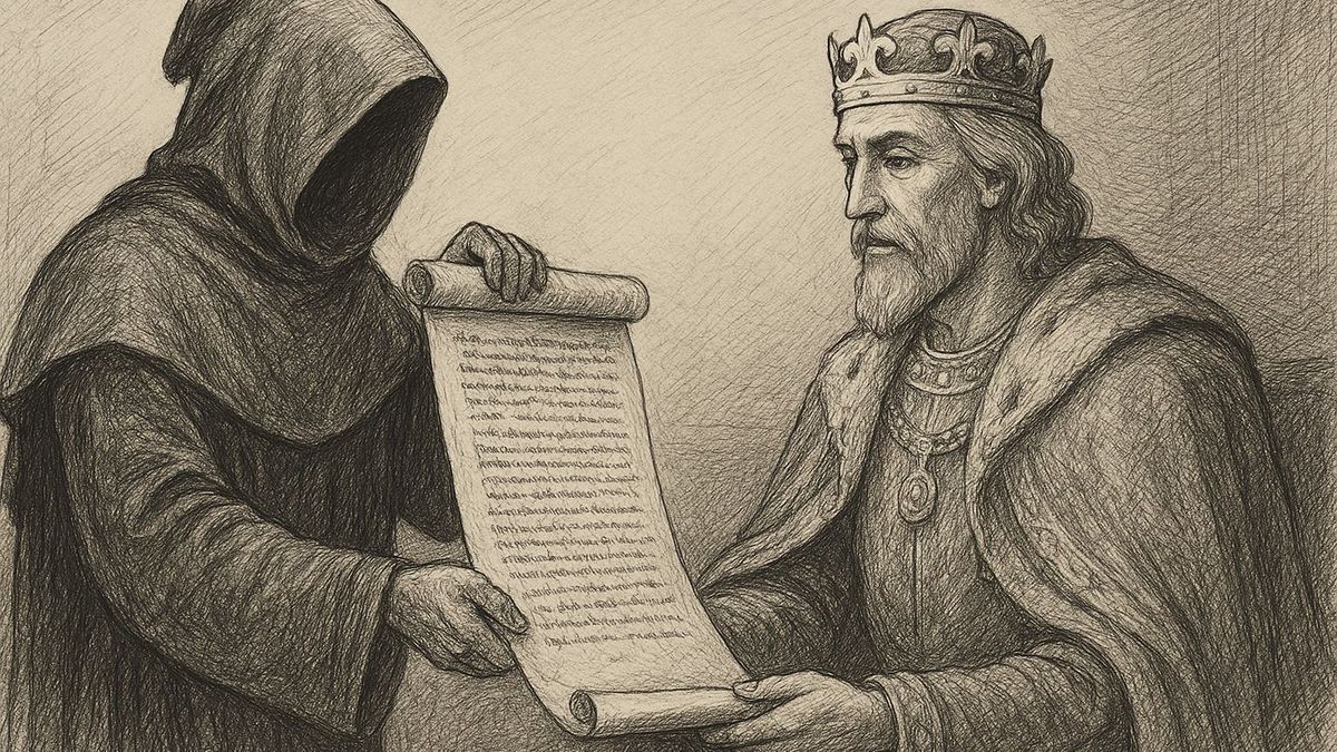 Anonymus átadja kész krónikáját III. Béla királynak.
