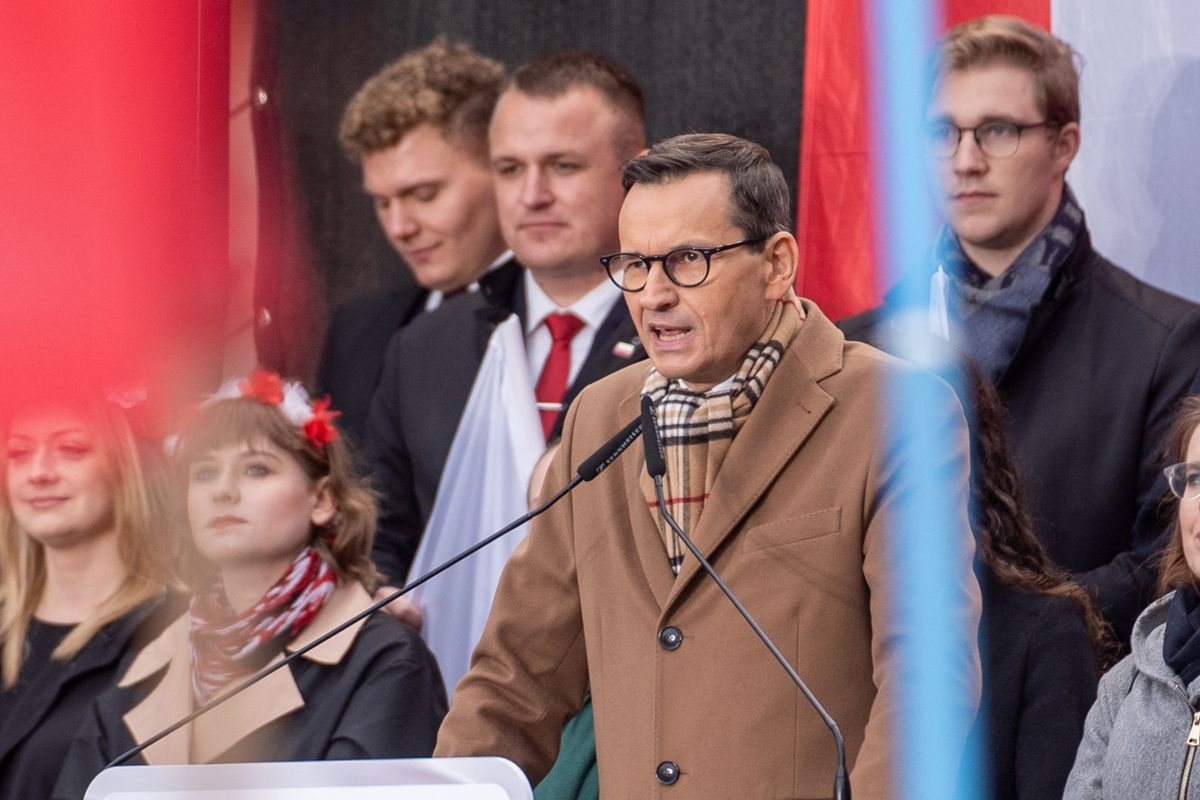 Mateusz Morawiecki speaks during a demonstration 'Stop Illegal Migration, No To Mercosur' in Warsaw, Poland, on October 11, 2025. (Photo by Marek Antoni Iwanczuk/NurPhoto) (Photo by Marek Antoni Iwa?czuk / NurPhoto via AFP)