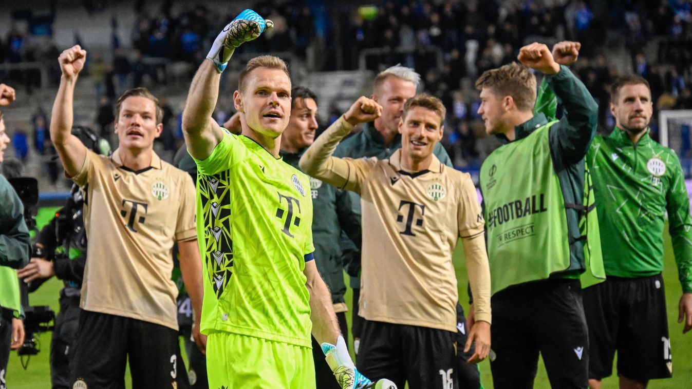 Ferencváros
Genk, 2025. október 2.
A győztes Ferencváros játékosai ünnepelnek, miután 1-0-ra nyertek a labdarúgó Európa-liga alapszakaszának második fordulójában játszott Genk - Ferencvárosi TC mérkőzésen a genki Cegeka Arénában 2025. október 2-án.
MTI/Sz