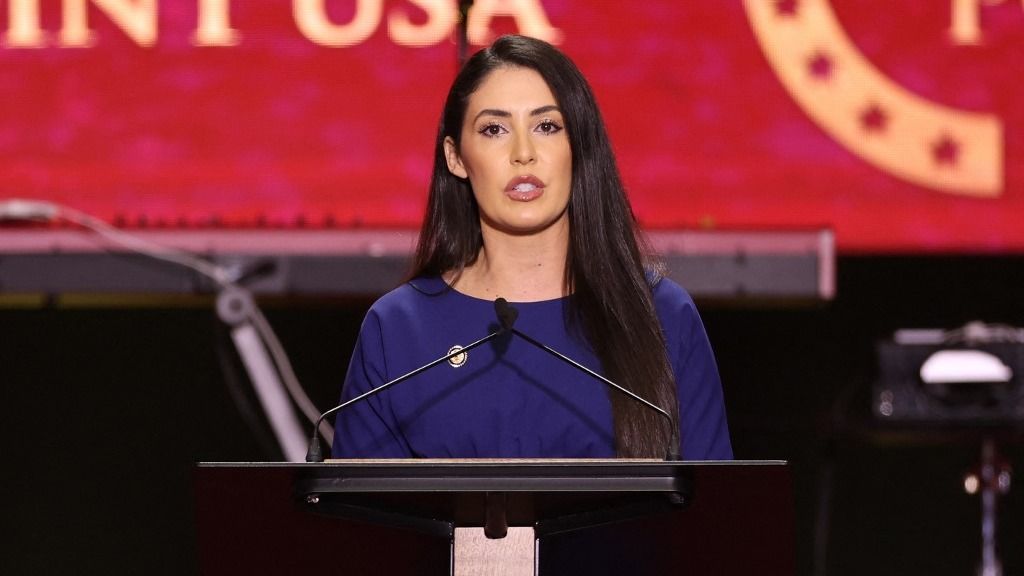 US Representative Anna Paulina Luna (R-FL) speaks during the public memorial service for right-wing activist Charlie Kirk at State Farm Stadium in Glendale, Arizona, on September 21, 2025. (Photo by Patrick T. Fallon / AFP)