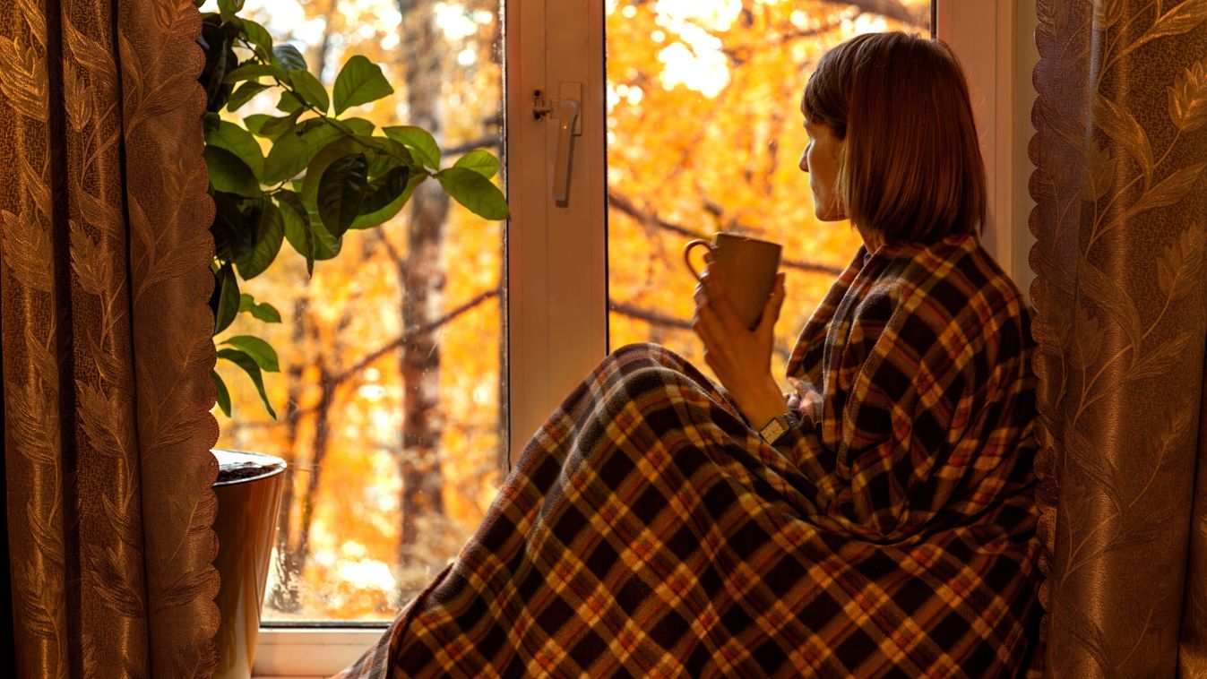 Autumn coffee. A beautiful girl with a cup of coffee in her hands sits and looks out the window. Cozy autumn composition. Copy space.

2321297029