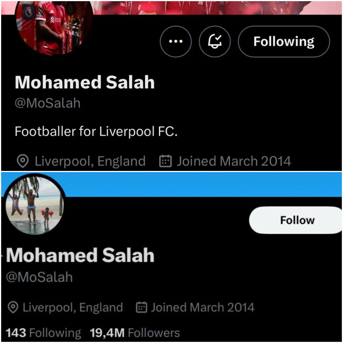 Mohamed Szalah X-oldalának fejléce eddig (felül) és csütörtök óta (alul) – már nincs jel arra, hogy a Liverpool játékosa lenne