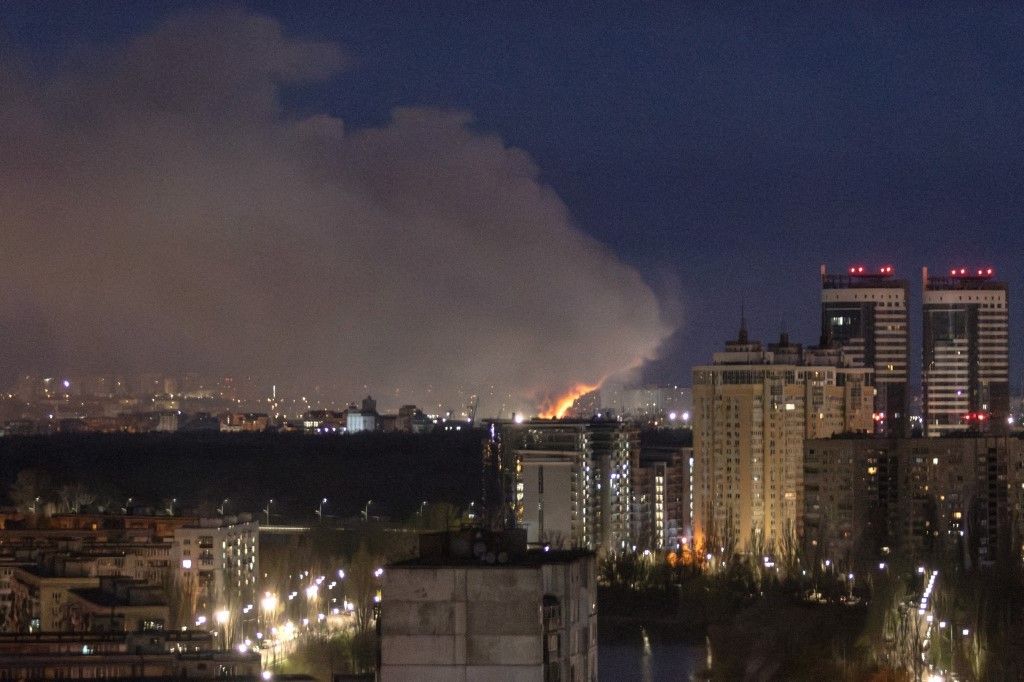 A fire rages in the Obolonskyi district after a Russian ballistic missile strike in Kyiv, Ukraine, on April 6, 2025, which kills one person and leaves three others injured. (Photo by Eugen Kotenko/Ukrinform/NurPhoto) (Photo by Eugen Kotenko / NurPhoto via AFP)