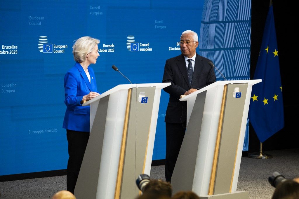 Ursula von der Leyen and Antonio Costa speak to press during the European Council meeting gathering the 27 EU leaders to discuss Ukraine, European defence, recent developments in the Middle East, competitiveness, housing and migration, in Brussels, on October 23, 2025. (Photo by Magali Cohen / Hans Lucas via AFP)