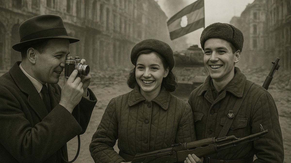 Az 1956-os forradalomban nyugati fotóriporter magyar szabadságharcosokat fotóz.