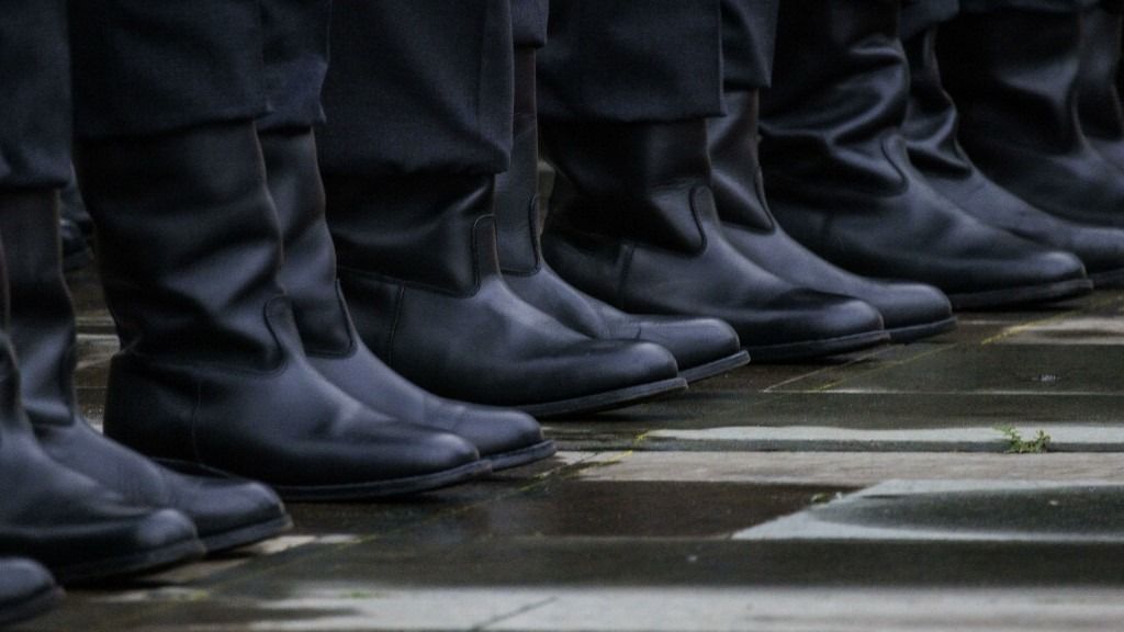 Soldiers from the Bundeswehr Guard Battalion, photographed during a reception with military honors in the courtyard of the Federal Chancellery in Berlin, November 4, 2024. (Photo by Kira Hofmann / Photothek Media Lab / dpa Picture-Alliance via AFP)