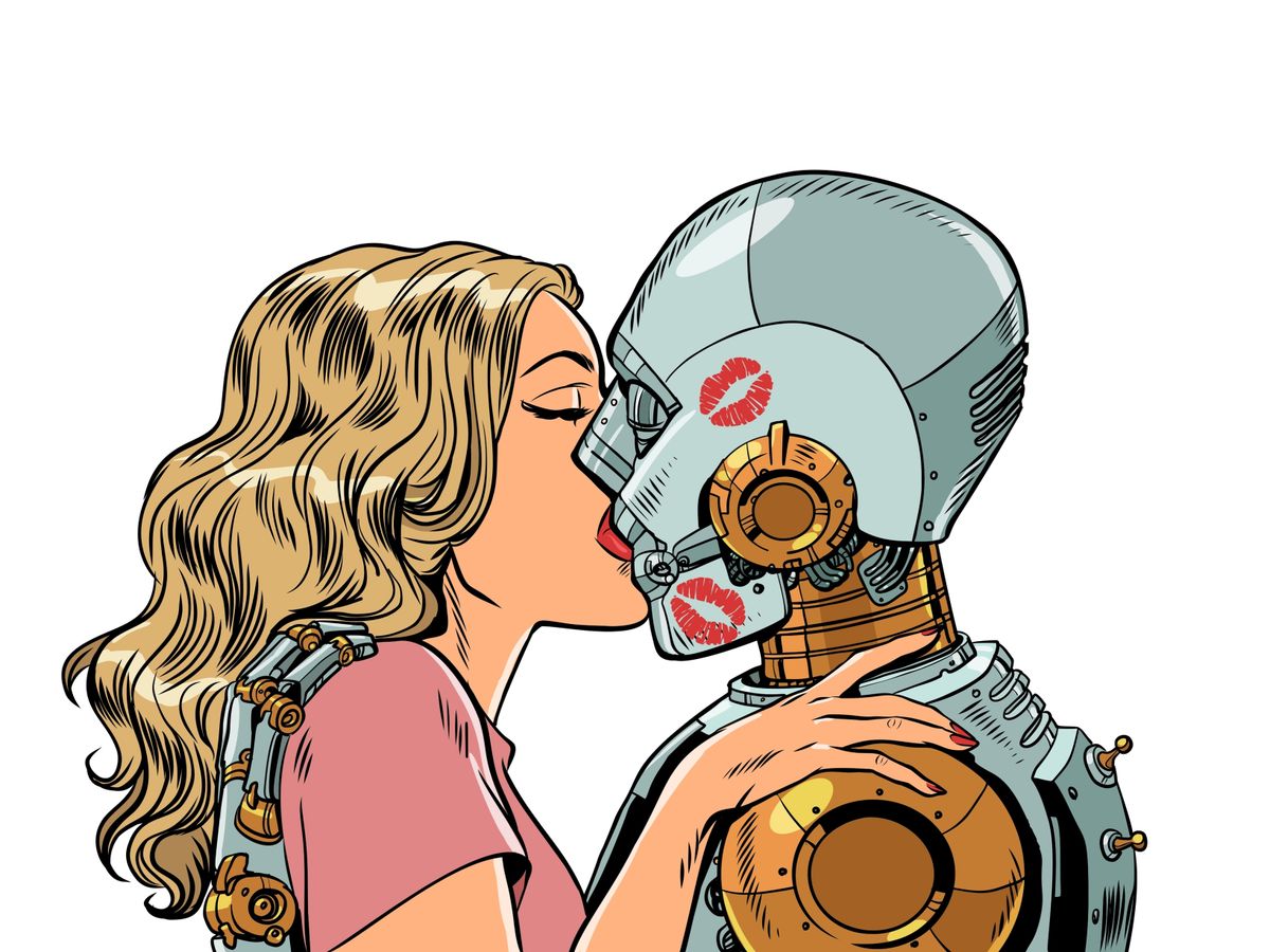 The interaction of artificial intelligence and people. Replacing real relationships with fictitious ones. The girl kisses the robot. Pop Art Retro Vector Illustration Kitsch Vintage 50s 60s Style. On