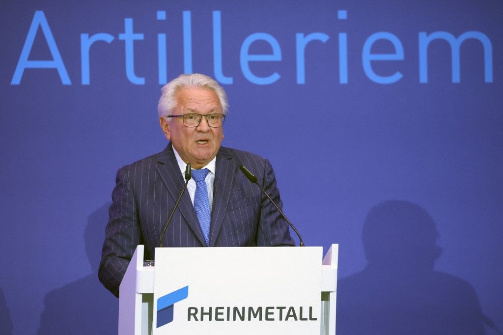 Rheinmetall CEO Armin Papperger gives a speech during the inauguration of the new munitions plant of German automotive and arms manufactuer Rheinmetall, in Unterluess, northern Germany on August 27, 2025. German weapons-maker Rheinmetall opened Europe's largest munitions plant on August 27 as Berlin rushes to rearm after decades of running down its military. Taking up 30,000 square metres -- the size of five football pitches -- the factory in Unterluess in northern Germany will be able to produce 350,000 artillery shells a year by 2027. (Photo by Ronny HARTMANN / AFP)